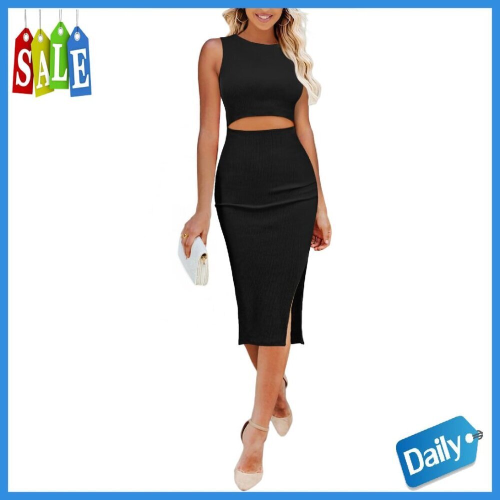Sleeveless Bodycon Midi Dress with Cutout Side Slit - Ribbed Knit